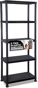 Crystals 5 Tier Plastic Shelving Unit Black 60x30x173cm Garage Storage