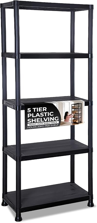 Crystals 5 Tier Plastic Shelving Unit Black 60x30x173cm Garage Storage
