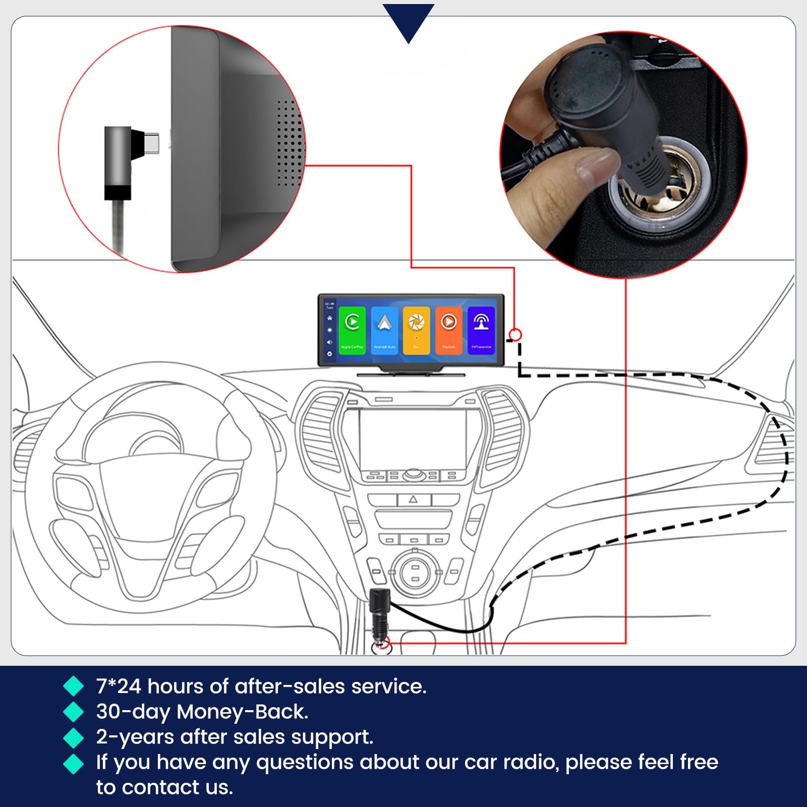 Carplay Screen Stereo 10.3 inch HD Wireless Portable Car Buddy Touchscreen Radio, Car Play & Android Auto FM Transmission Bluetooth for 7V-32V Vehicles