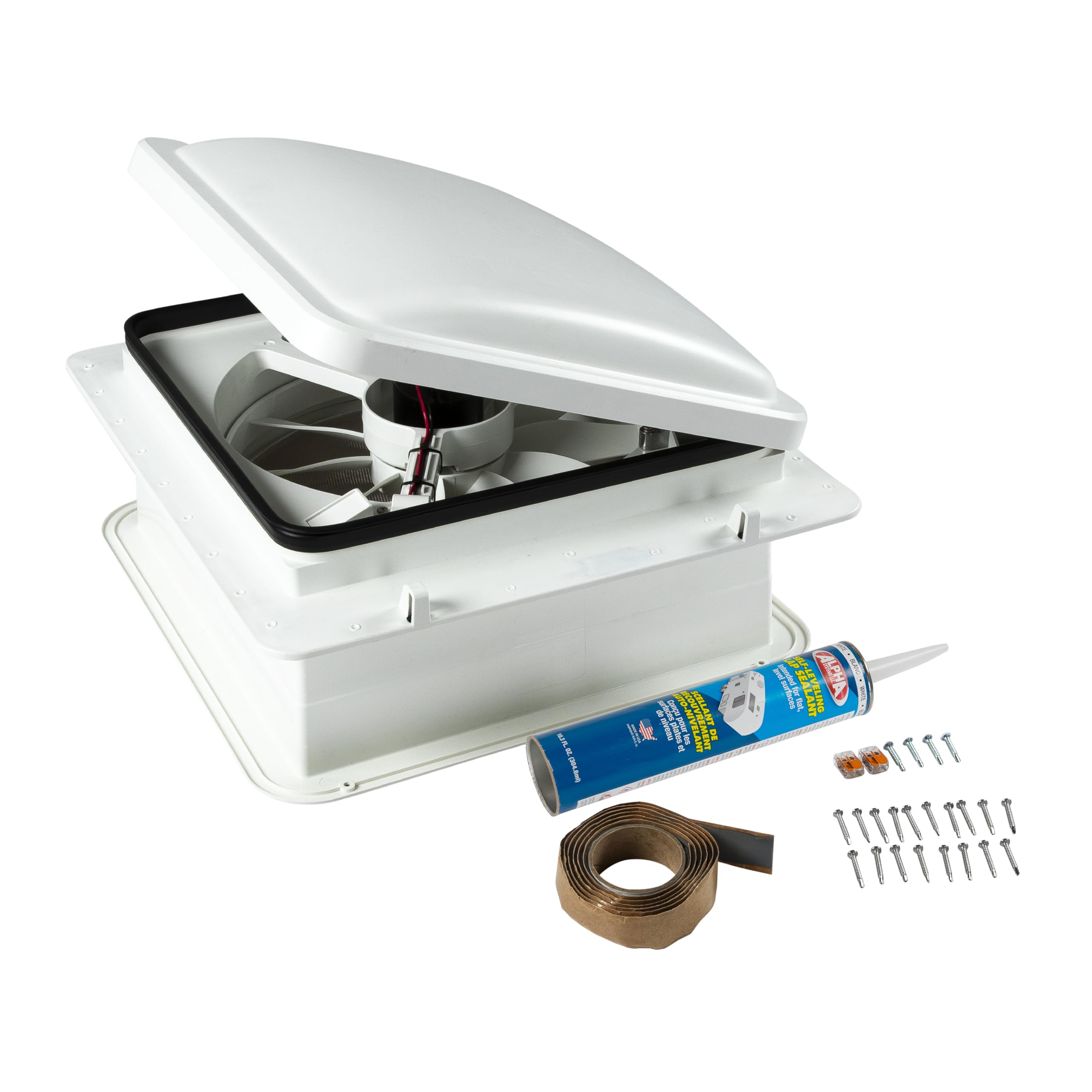 Photo 1 of Furrion 10-Blade, 14" RV Rooftop Vent Exhaust Fan with Lid, Four Fan Speeds, Push-Button Controls, Removable Insect Screen, Flush-Mount Design for 2" to 7" Thick Roofs, White - FVF14D90R6A-PS-AM