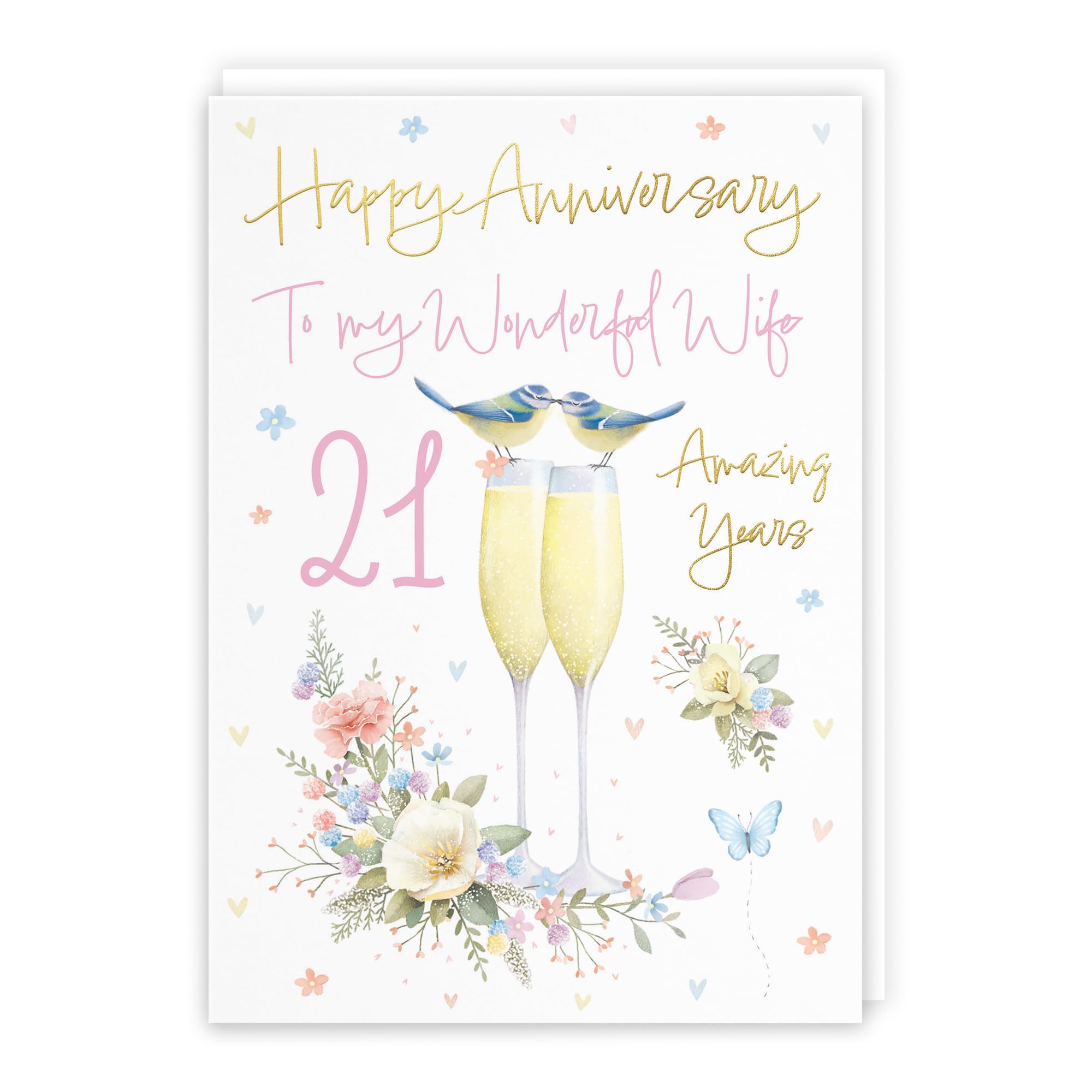 Hunts England - Wife 21st Anniversary Card - A5 Size - Champagne Flutes - Gold Foil - Luxury 21st Anniversary Card For Wife - 21 Years - 21st Anniversary - Milo's Gallery