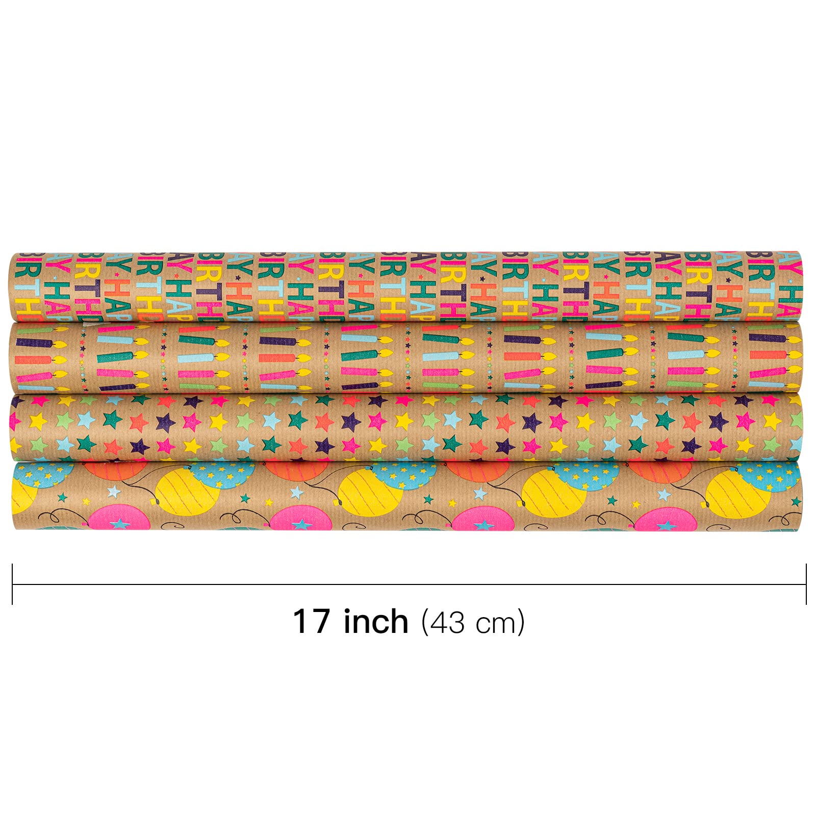 RUSPEPA Kraft Birthday Wrapping Paper Rolls - Mini Roll - 17 inches x 10 feet per Roll, Total of 4 Rolls, Colorful Birthday