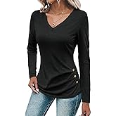 Micticsi Womens V Neck Long Sleeve T Shirts Ruched Tops Casual Loose Fit Tees Fall Fashion Outfits 2025