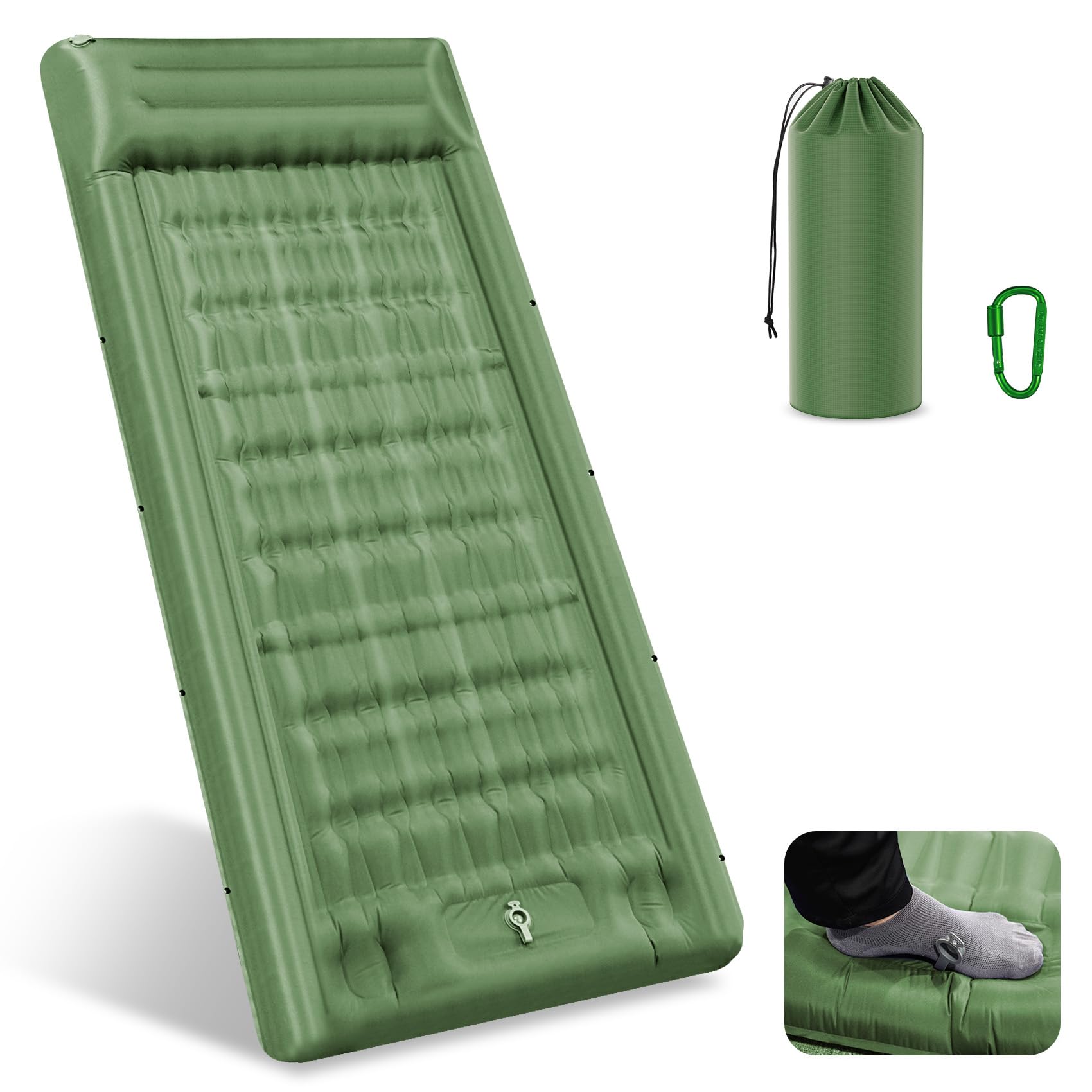 Photo 1 of Sleeping Pad for Camping, 32.68 Inch Extra Wide Camping Mat with Pillow, Inflatable Sleeping Pads with Built-in Foot Pump, Air Mattress Extra Thick 5.11 Inch for Backpacking, Hiking, Tent (Army Green)