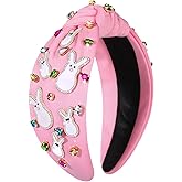 boderier Easter Headband for Women Girls Cute Bunny Headband Crystal Jeweled Embellished Wide Knotted Spring Holiday Easter Accessories (White Bunny-Pink)