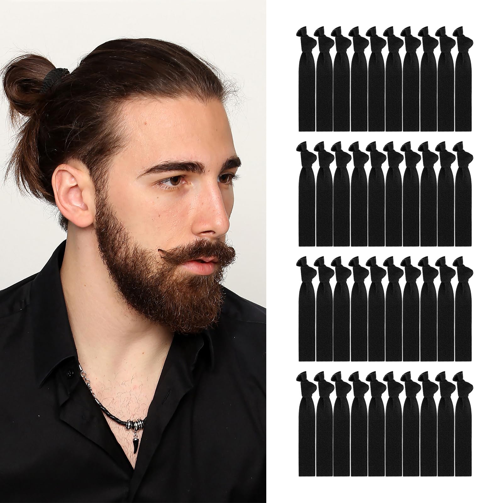 40 PCS Mens Hair Bands for Long Hair,Black Knotted Hair Ties for Guys,Curly Thick Male Hair Band,No Damage Crease Breakage Wide Mens Hair Ties,for Bun,Elastic Hair Bands,Ponytail