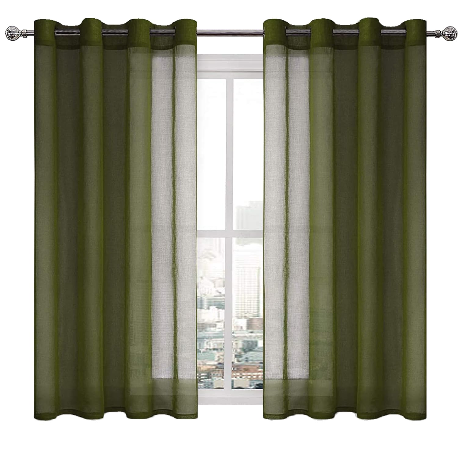 DWCN Olive Green Sheer Curtains for Living Room Bedroom Faux Linen Look Voile Drapes Grommet Top Window Curtain Panel 52 x 54 Inch Length, Set of 2 Panels