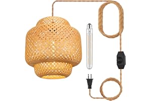 YIIZON Plug in Pendant Light Hanging Lamp with Handmade Bamboo Lampshade Dimmer Switch Boho Modern Rustic Country Natural Basket Hanging Light with Plug in Cord