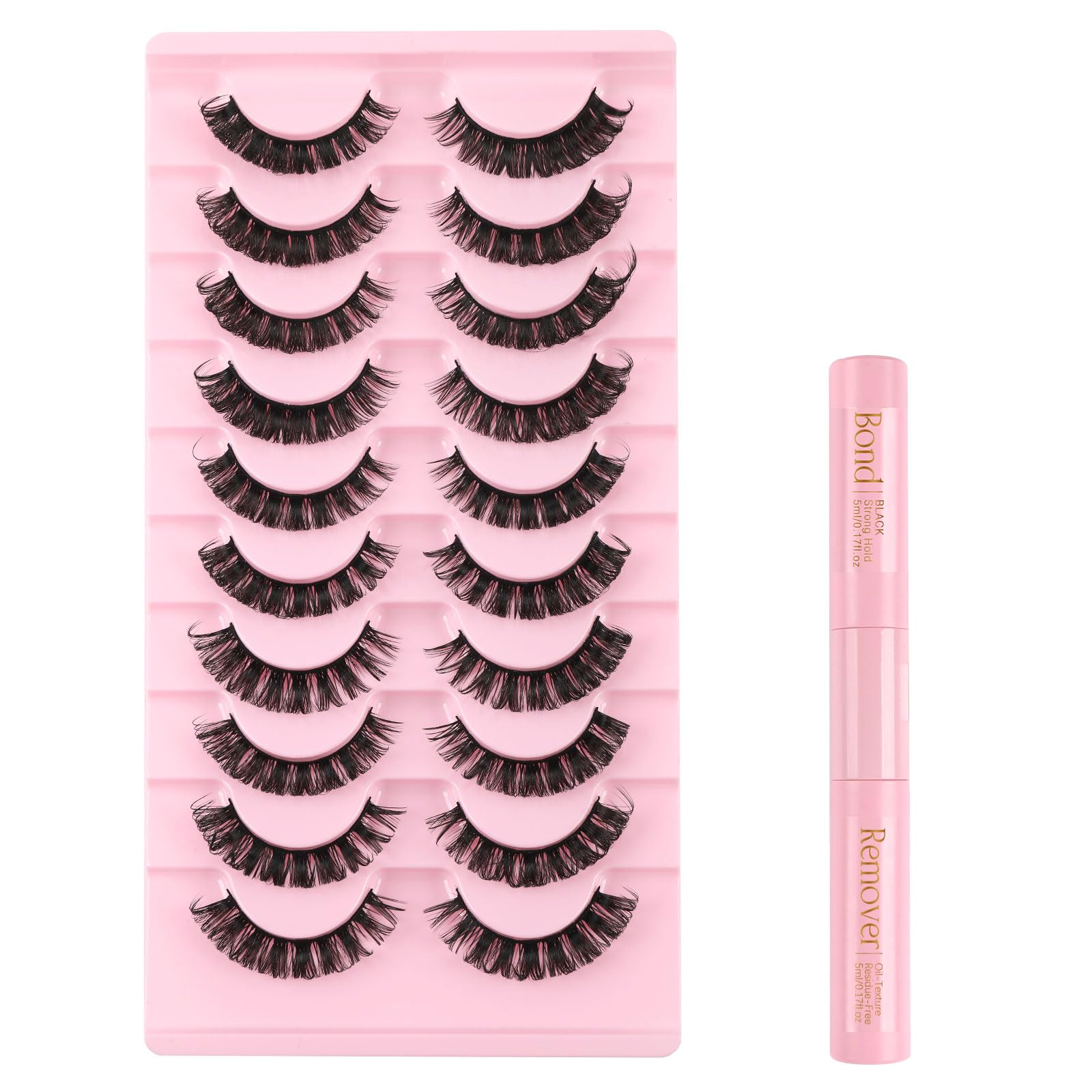 Kiusatig False Eyelashes Russian Strip Lashes Cat Eye Lashes Fluffy D Curl Wispy Fluffy Eyelashes 10 Pairs Eye Lashes with Lash Bond Lash Remover Lash Extension Kit