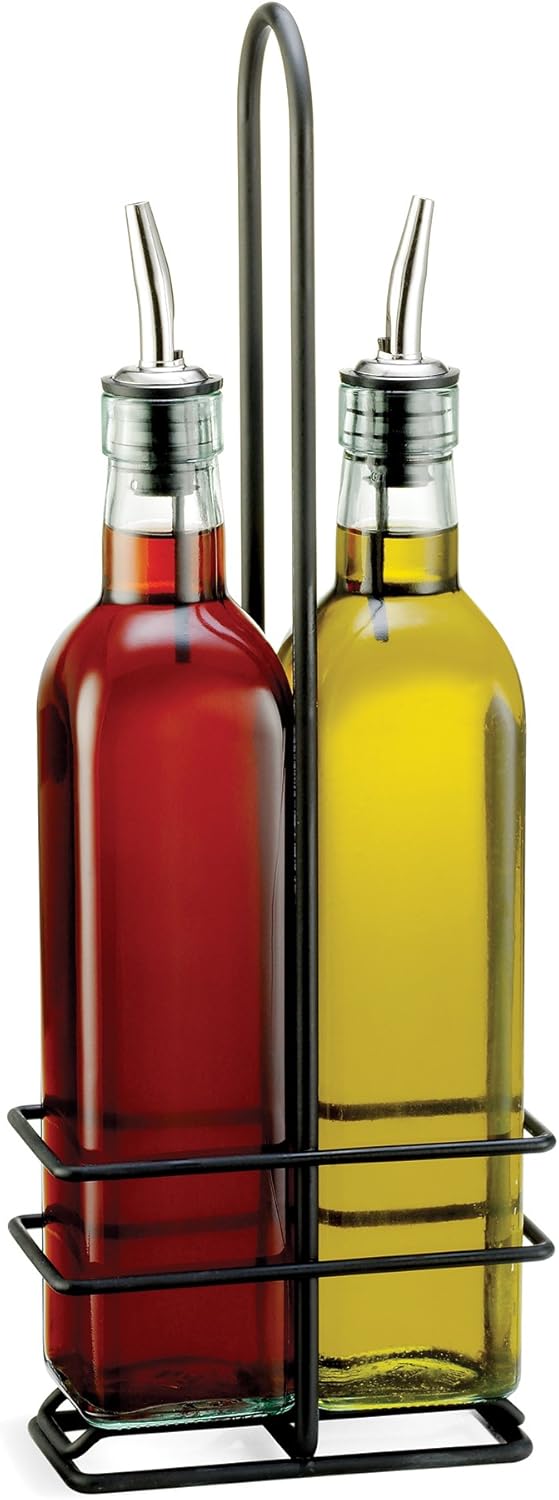 Tablecraft Oil Vinegar Set and Stainless Steel Pourers with Black Chrome Plated Rack, 16 oz, Clear