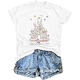 Bobeutou Magic Kingdom Shirts for Women Floral Castle Graphic T Shirt Flower Holiday Vacation Shirt Funny Cute Tee Tops