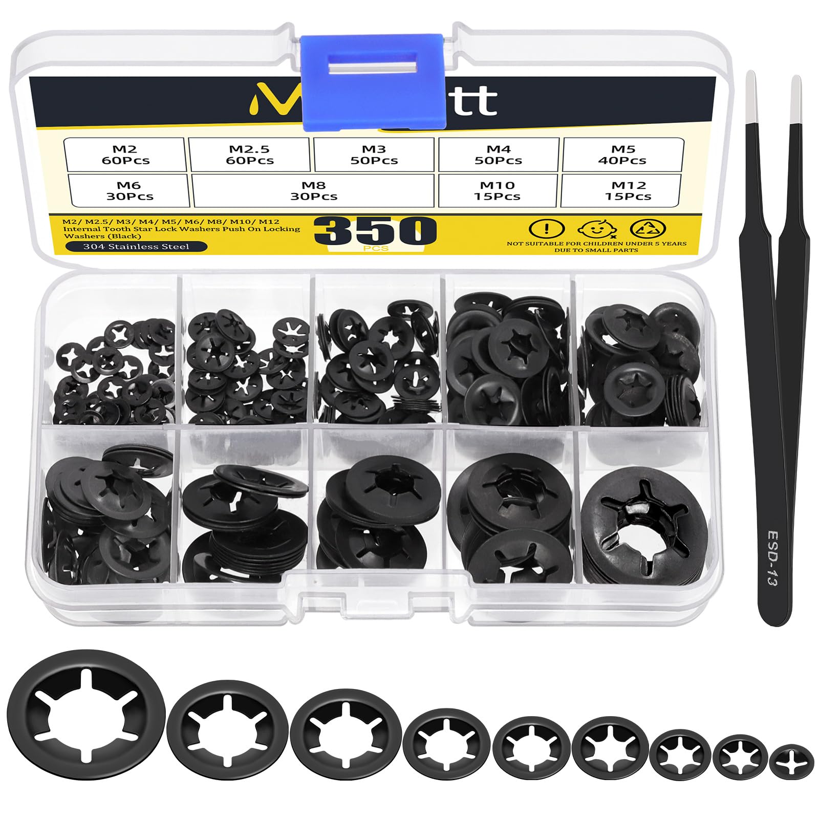 Mardatt 351Pcs Internal Tooth Star Lock Washers Kit, Quick Speed Locking Washers Push Nuts, Push on Locking Washers Speed Clips Retaining Clips Fasteners - M2/ M2.5/ M3/ M4/ M5/ M6/ M8/ M10/ M12 — image 1