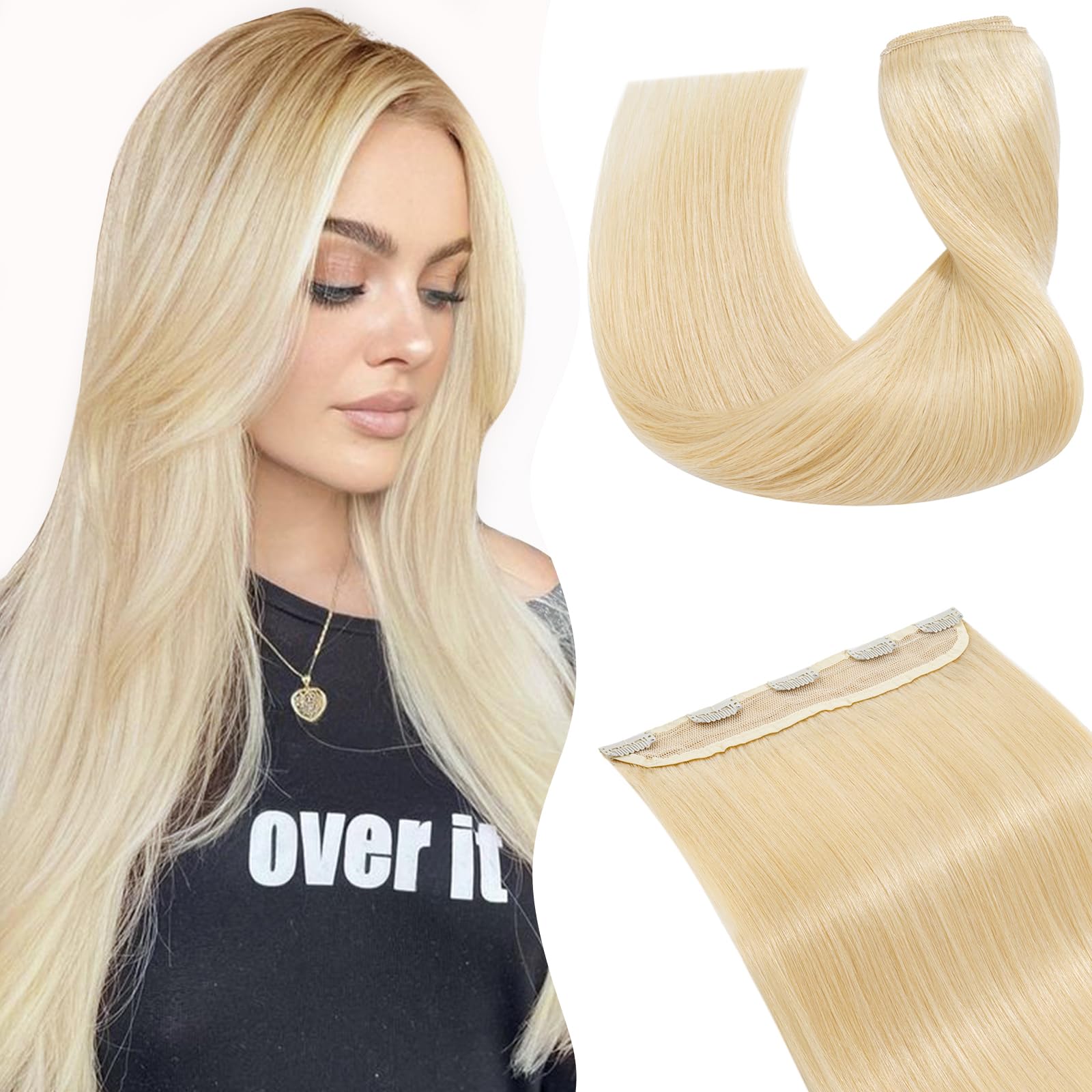 TESS Clip In Hair Extension Blonde,Hair Extensions Real Human Hair One Peice 5 Clips Straight Natural Hairpieces for Womens/Girls(#613 Bleached blonde,16Inch)