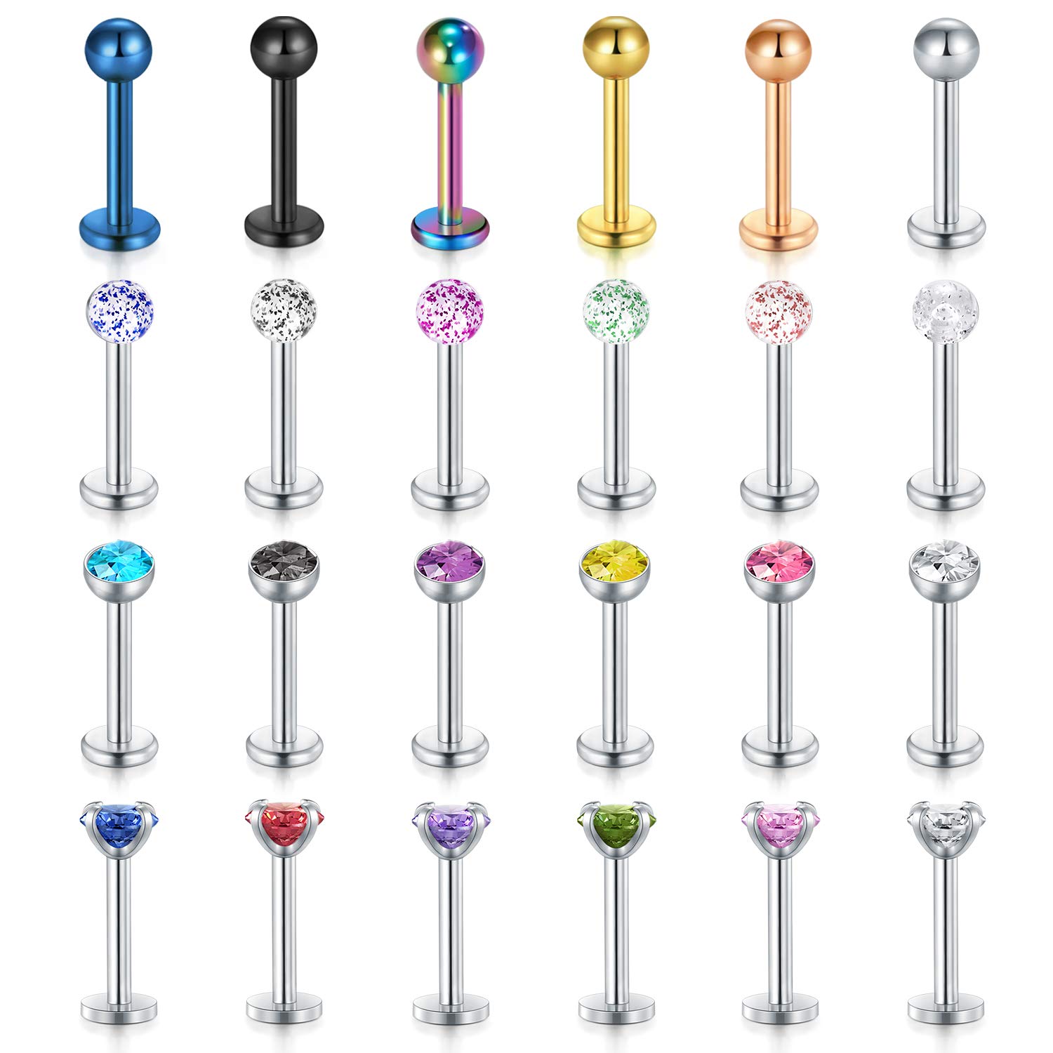 LAURITAMI 24Pcs Stainless Steel Lip Studs Lip Bars Diamond CZ Labret Tragus Ring Helix Earring Body Jewellery Piercing Retainer 16G