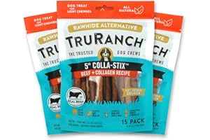 TRURANCH Collagen Sticks - 5" Collagen Sticks for Dogs - Long Lasting Healthy Joint Support Dog Treat - Rawhide Alternative - Skin & Coat Health - Made with Real Beef, 3 Bags, 45 Count