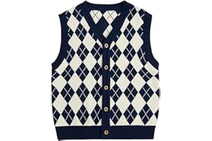 Verdusa Boy's Sweater Vest Button Up Sleeveless Argyle Print Knit V Neck Cardigan Sweaters Top