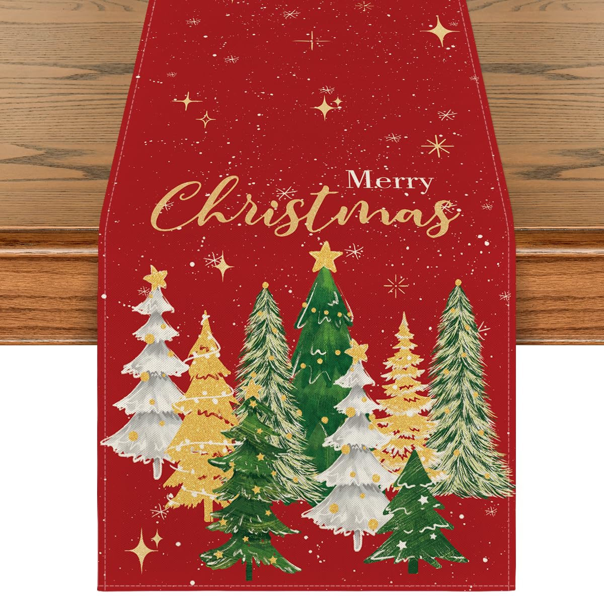 Photo 1 of Artoid Mode Xmas Trees Merry Christmas Table Runner, Seasonal Winter Red Kitchen Dining Table Decoration for Home Party Decor 13x120 Inch