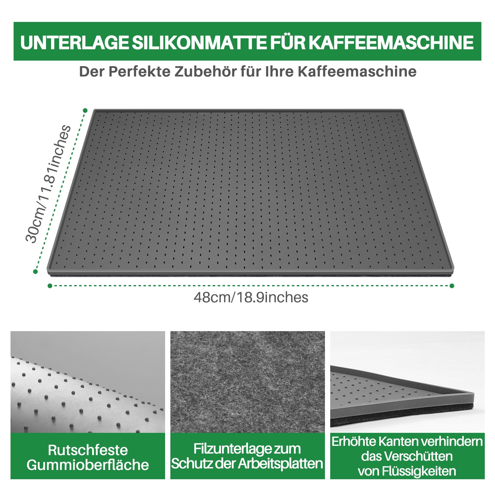 Inwee Unterlage für Kaffeemaschine, Silikonmatte für Kaffeevollautomat mit Rand, 48x30cm kompatibel mit De Longhi Magnifica, Philips LatteGo, Siemens EQ6, leicht zu verschieben (Grau) 2