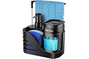 EAVIDA Kitchen Soap Dispenser Set, 4-in-1 Dual Hand and Dish Soap Dispenser with Sponge Holder and Dishcloth Holder for Kitchen Sink (Black)