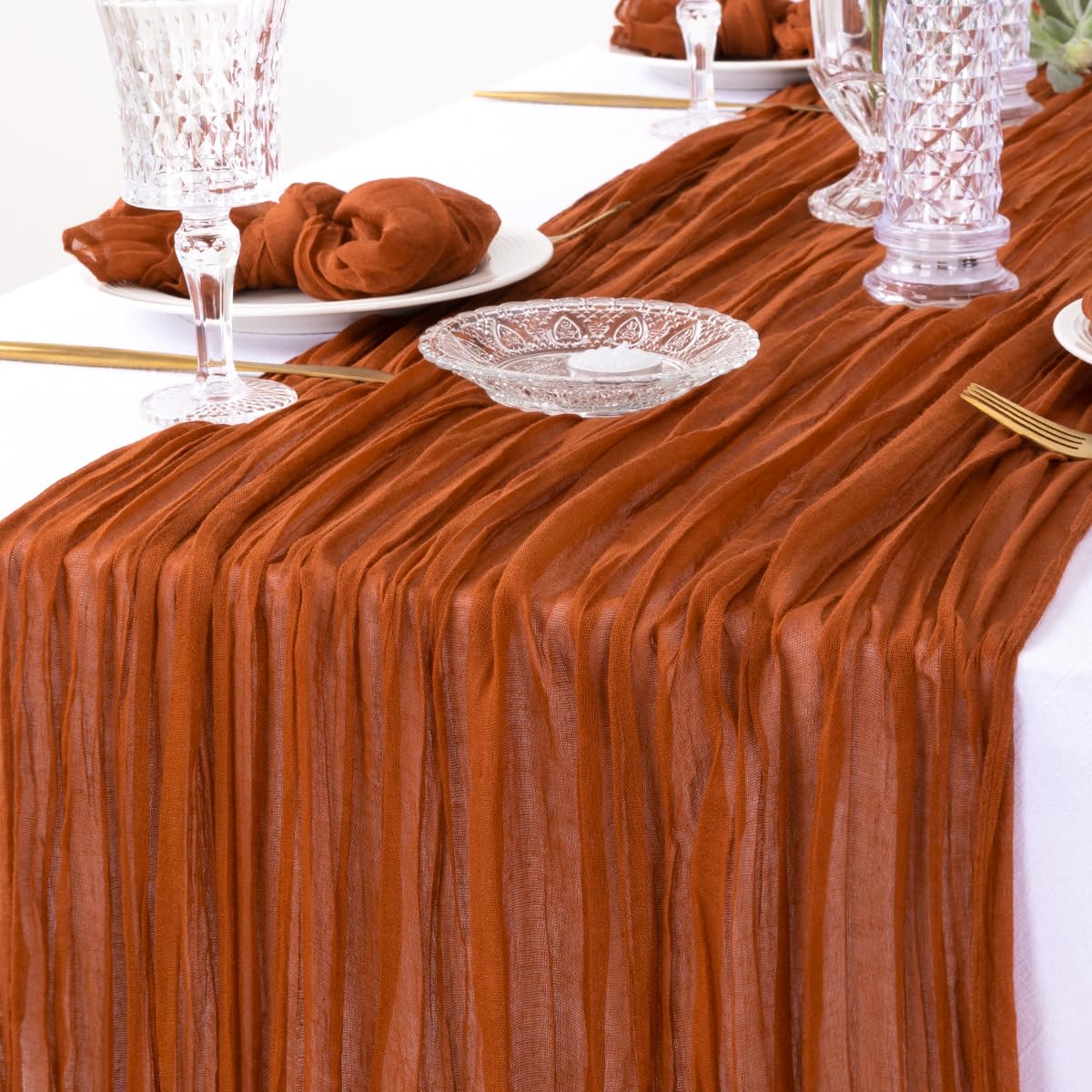 Photo 1 of DeZerlor Terracotta Cheesecloth Table Runner Boho Gauze Table Runner Fall Thanksgiving Table Runner 120 inches Long for Wedding Bridal Baby Shower Halloween Fall Table Decor