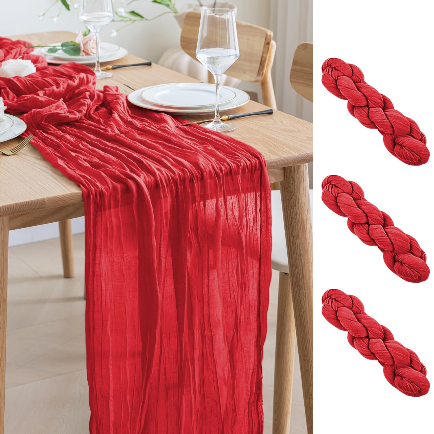 Photo 1 of Asee'm 3PCS Table Runner Cheesecloth 10FT Red Boho Gauze Fabric Rustic Sheer Cheese Cloth Runners for Wedding Bridal Shower Party