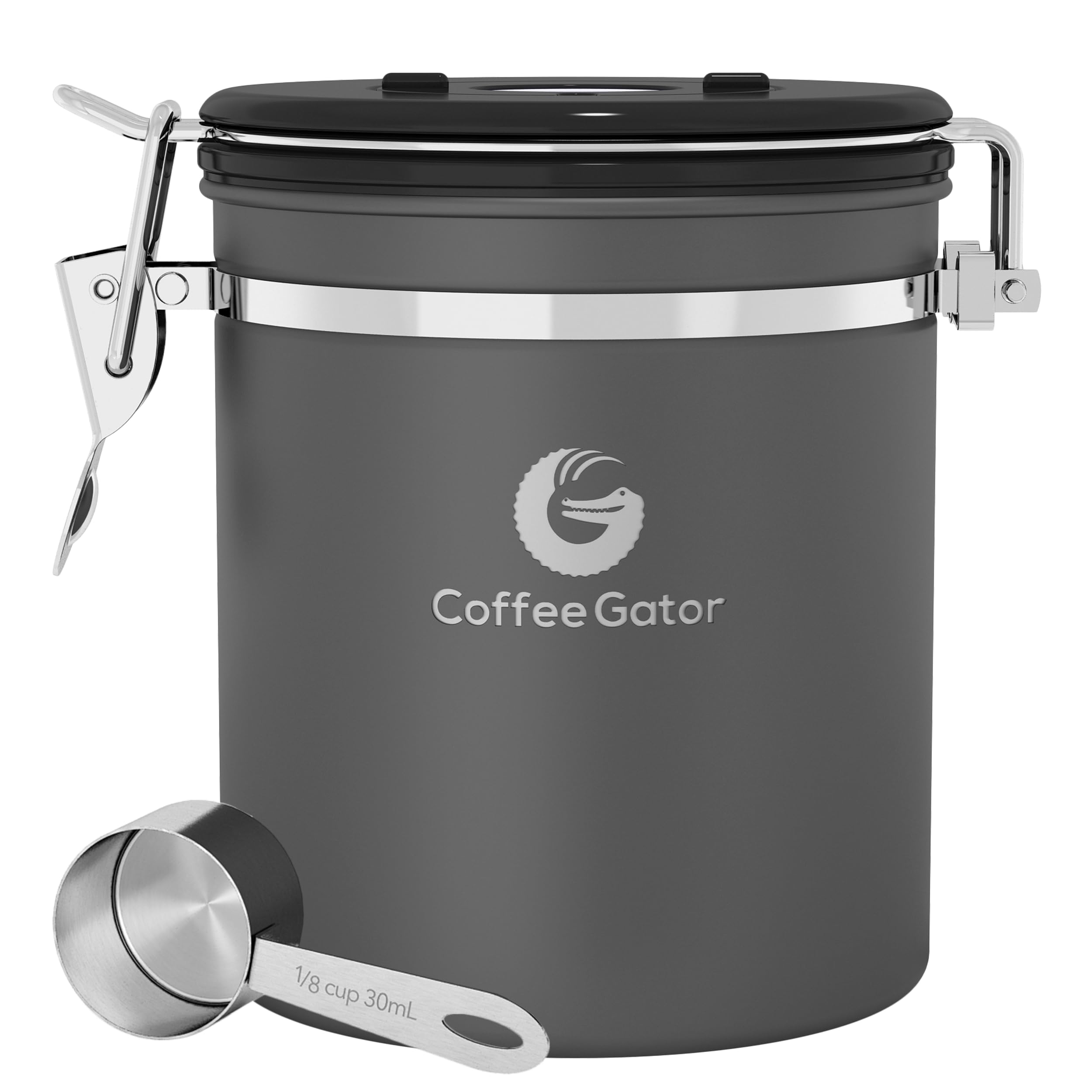 Coffee Gator Coffee Canister Airtight 1300 mL, Stainless Steel Kitchen Food Storage Container with Date Tracker, CO2 Valve, Scoop for Grounds Coffee, Beans,Tea, Sugar, Flour, Snacks