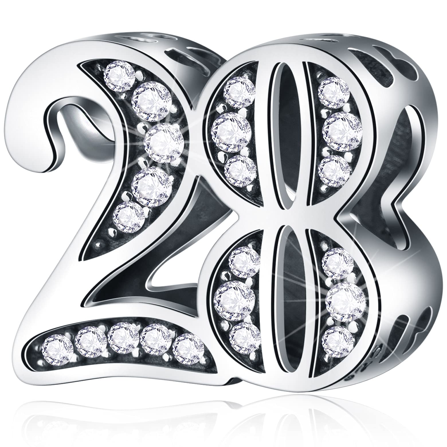 28 Birthday Charms fits Pandora Charm Bracelet, 925 Sterling Silver 28th Anniversary Beads with CZ Birthstones, Number 28 Year Old Gifts for Sister/Brother/Girl/Boy