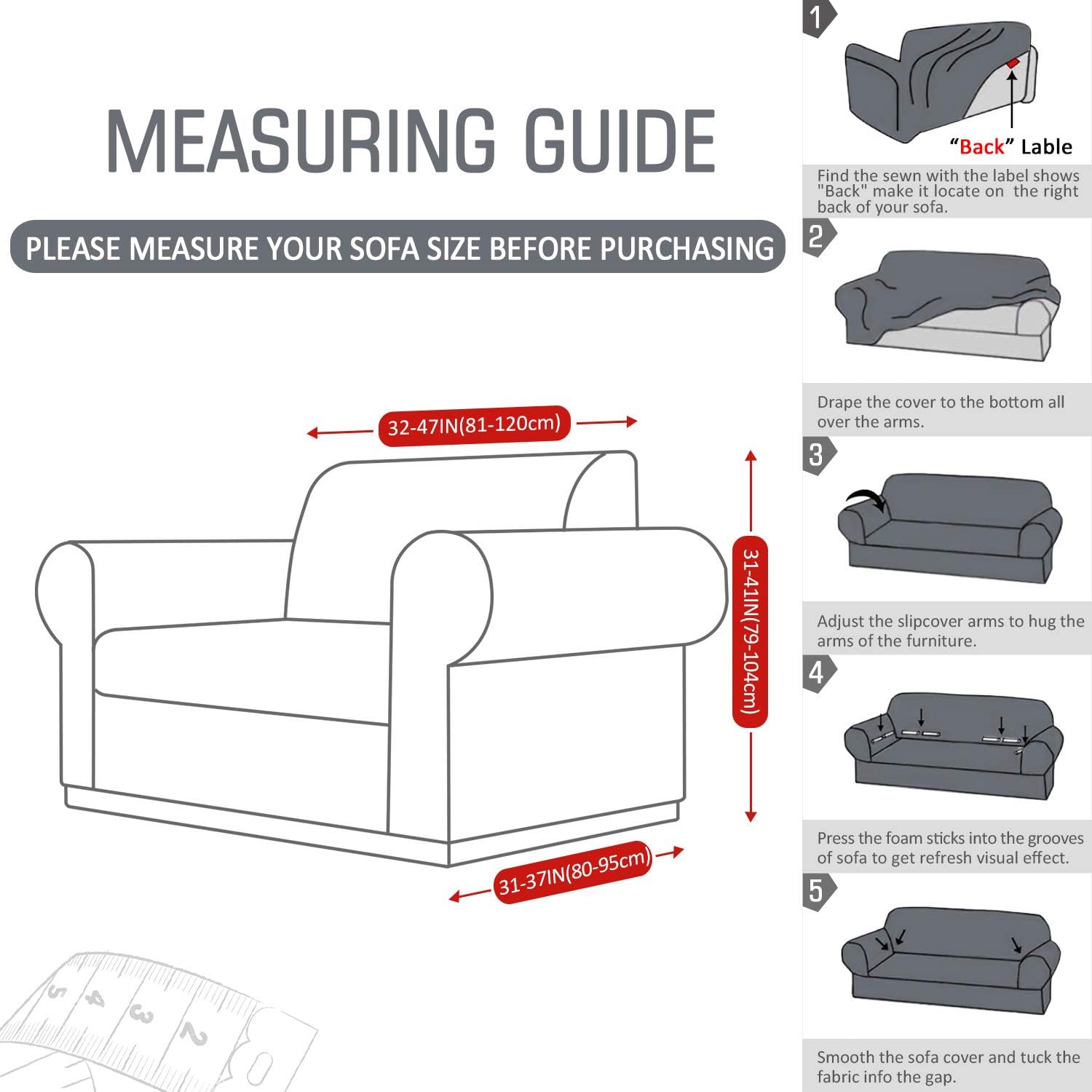 TAOCOCO Stretch Water Resistance One-Piece Armchair Slipcover, Couch Cover for One-Seat Furniture Protector with 1pc Pillowcase, Polyester-Spandex Fabric Slipcover (Armchair 32"-47'') (Lead Grey): Kitchen & Dining