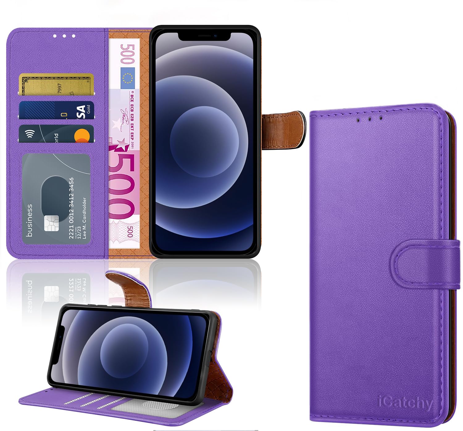 iCatchy for iPhone 12 Case/iPhone 12 Pro case Leather Wallet Book Flip Folio Stand View Case Compatible with iPhone 12 / iPhone 12 Pro (6.1'') Phone Cover (Purple) — image 1