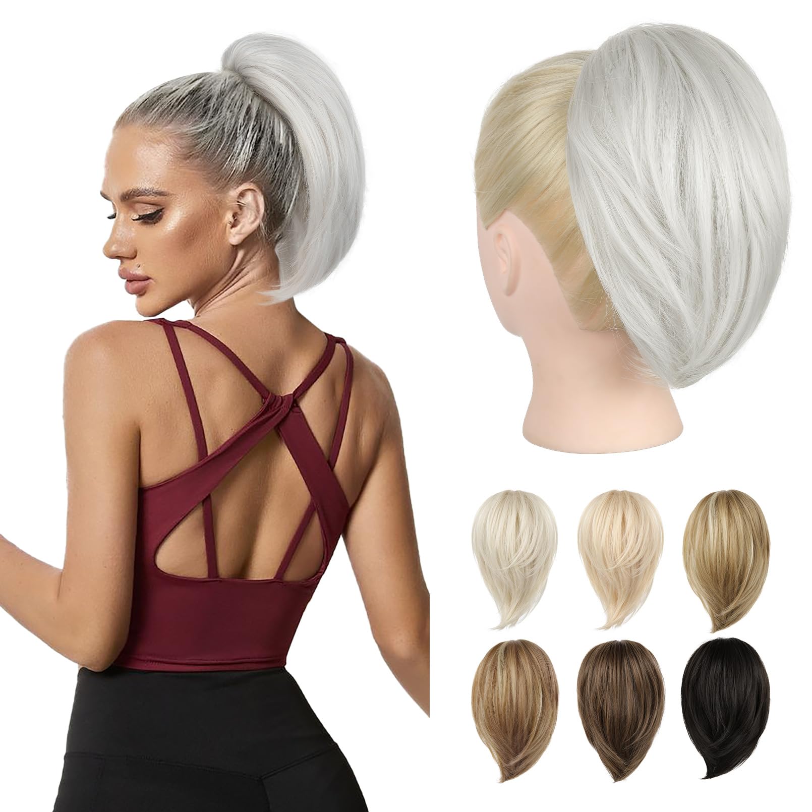 REECHO Ponytail Extension，Claw Clip Hair Bun Hair Piece Short Straight Ponytail Hair Extensions Messy Hair Bun Natural Synthetic Fake Ponytail Hair Pieces for Women- Silver