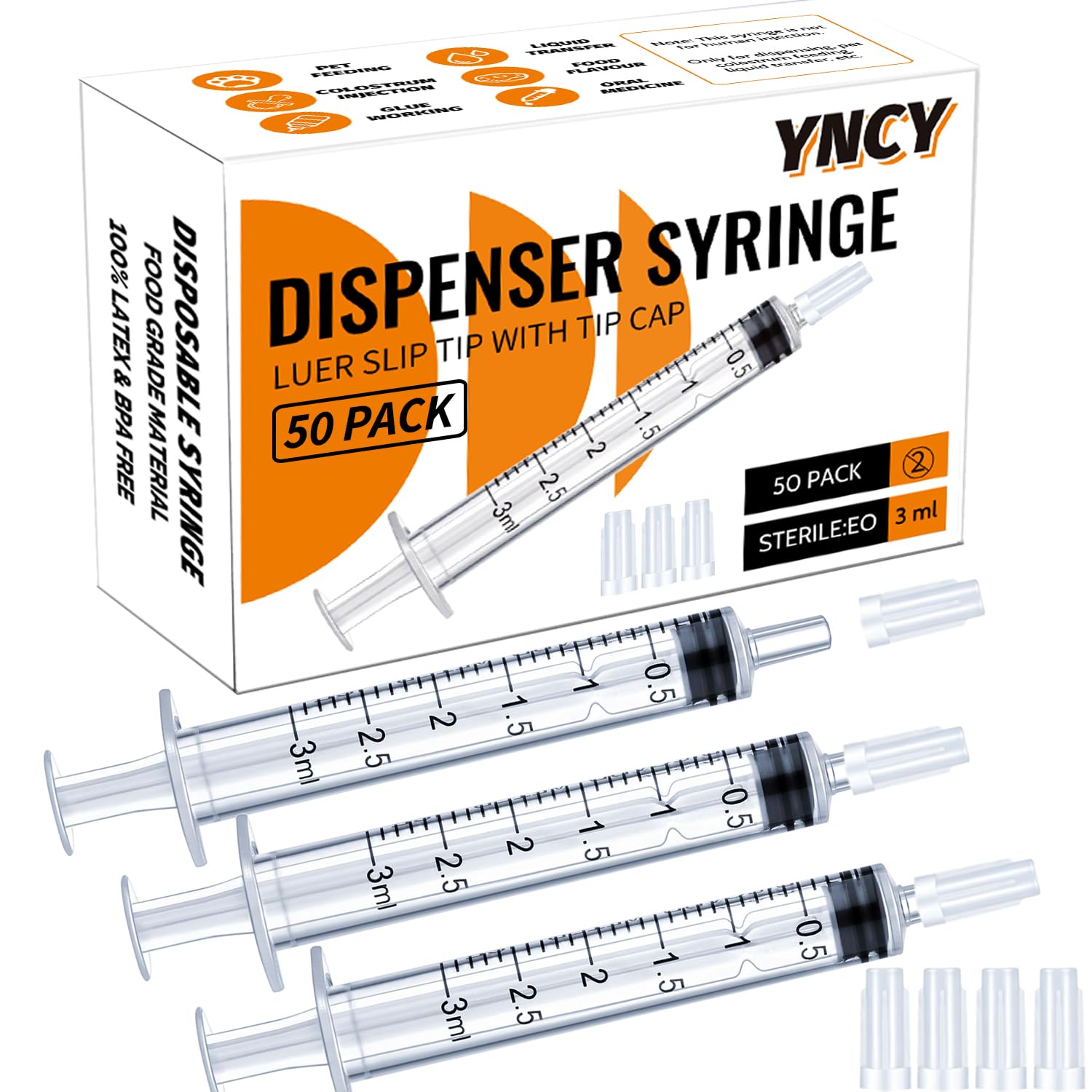 Photo 1 of 3ml Syringes with Cap, Luer Slip Tip, Whole Pack Bulk Sterile Sealed, No Needle, 50 Pack