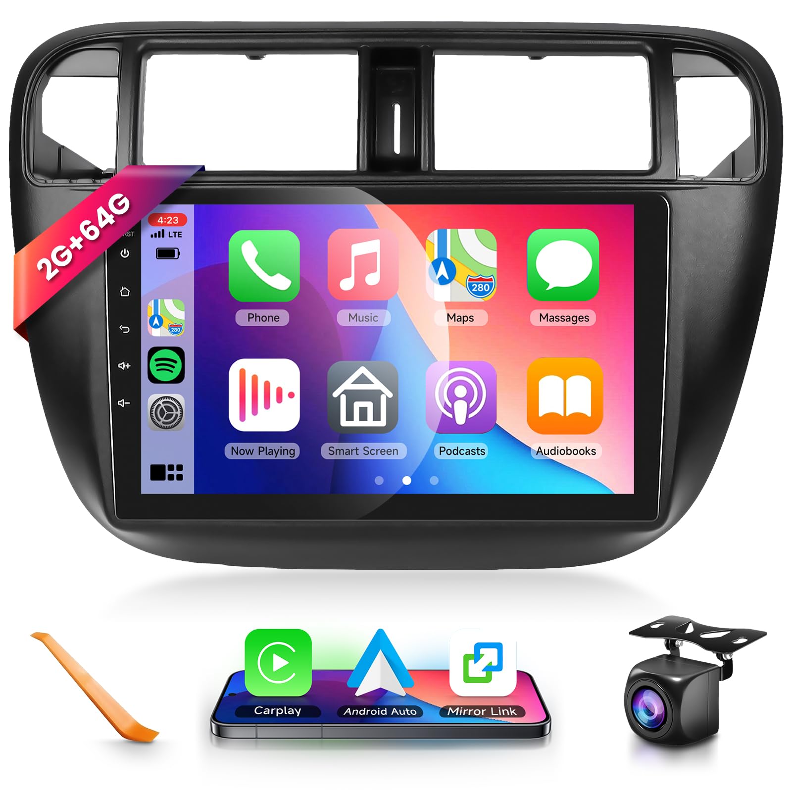 Photo 1 of 2G+64G Car Radio Stereo for Honda Civic 1996-2001 with Wireless CarPlay/Android Auto, 9 Inch HD Touch Screen Android 13 Head Unit GPS WiFi Bluetooth FM/RDS EQ HD Backup Camera