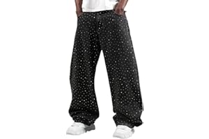 Jilwod Men's Baggy Jean Pants Black Rhinestone Embroidered Trousers Loose Fit Denim Streetwear