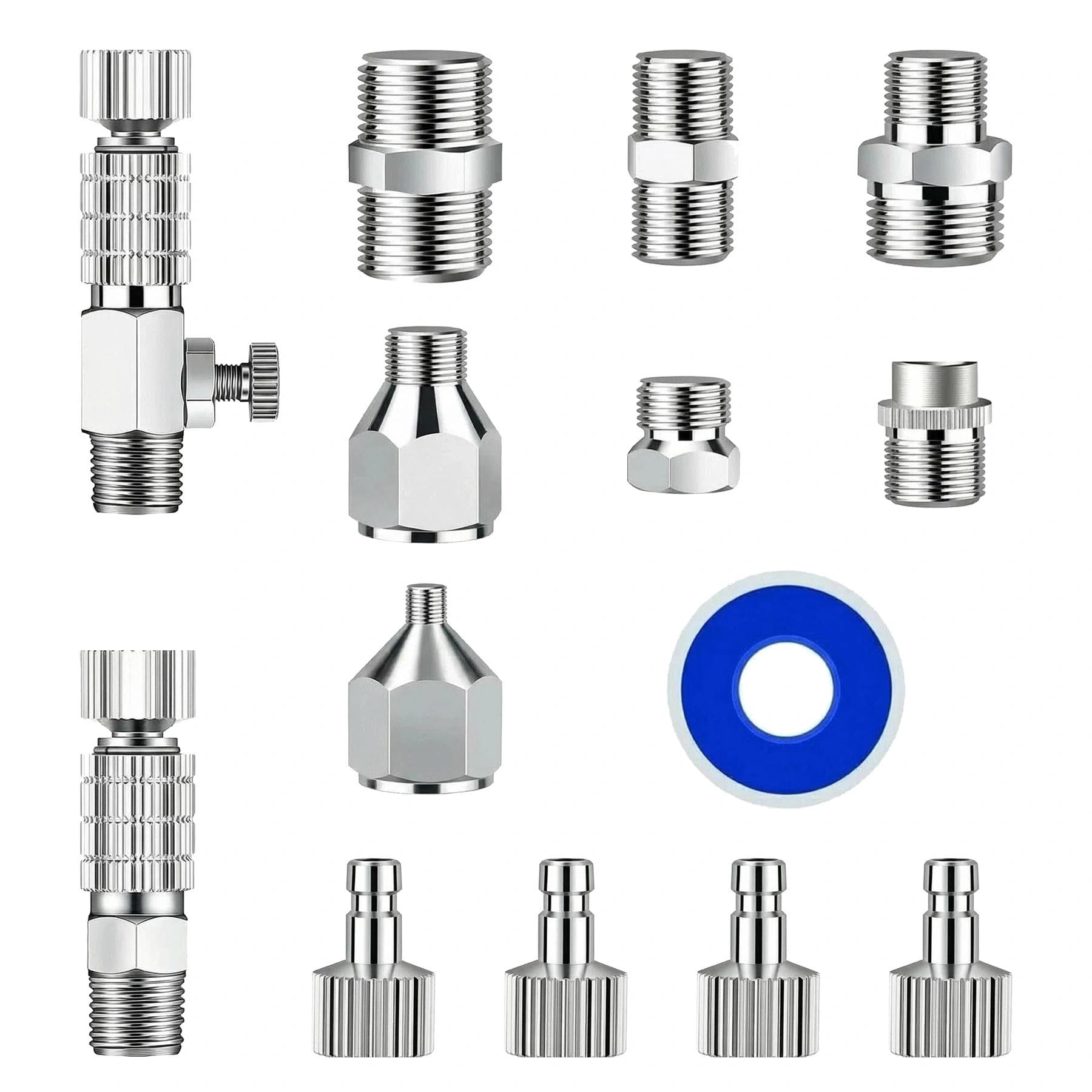Magicrose 14pcs Complete Airbrush Adapter Set, Universal Quick Disconnect Kit with Pressure Regulator & 4 Male Plugs, 1/8" & 1/4" BSP Connector Assortment + Leak-Proof PTFE Tape