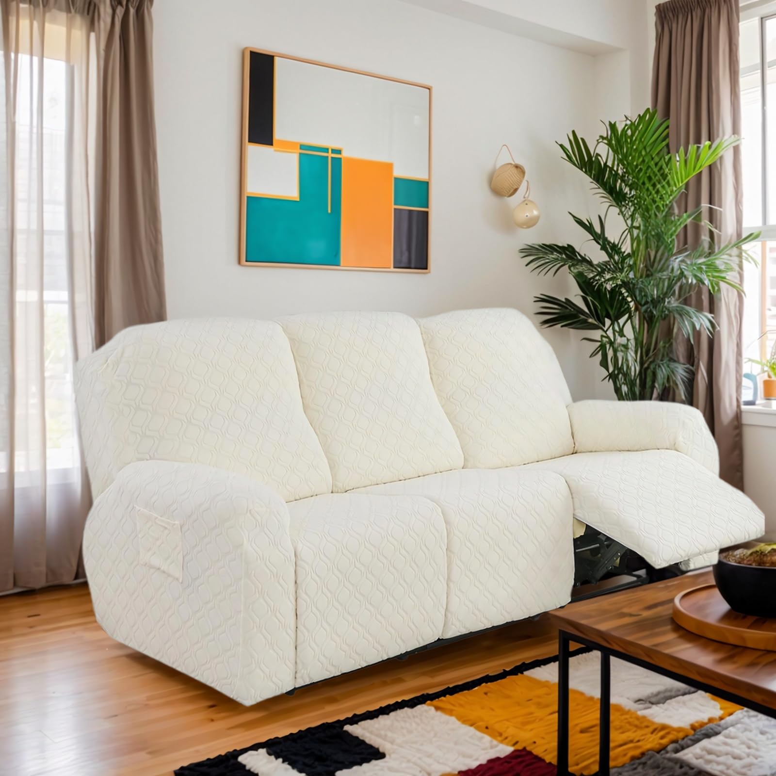 OKUYUK Recliner Chair Cover, 8-Pieces Stretch Recliner Covers for Recliner Chair Soft Reclining Chair Slipcover Furniture Protector for Dogs Cats (White, 3 Seater)