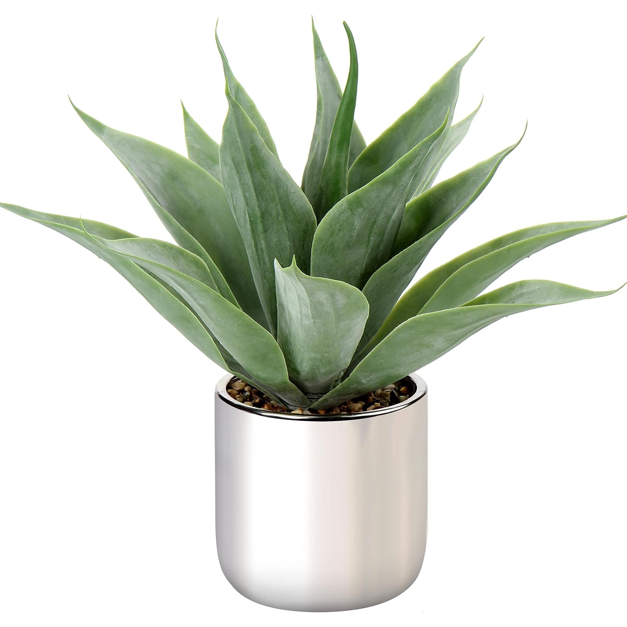 Hollyone 13" Artificial Aloe Fake Potted Plant, Faux Aloe in Galvanized Silver Pot Decorative Artificial Succulent for Home Decor, Living Room, Kitchen, Office Desk, Table, Bathroom Decorations