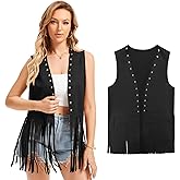 Women's Fringe Vest 60s 70s Hippie Vest Sleeveless Cowgirl Western Faux Suede rivet tassel denim jacket, Halloween