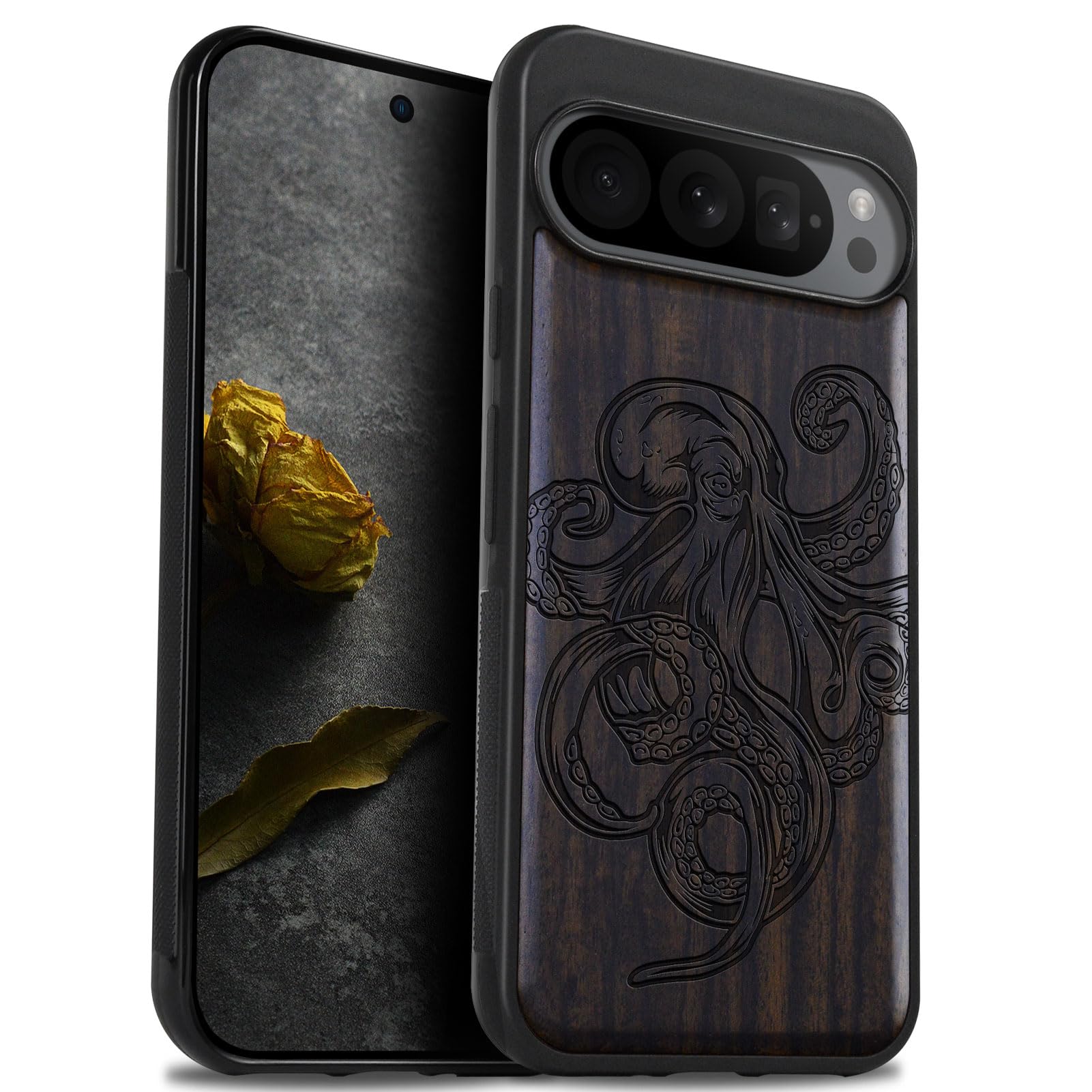 Carveit Wood Case for Google Pixel 9 Pro - Natural Wood & Black Soft TPU - Shockproof Protective Cover - Unique Wooden Case - Octopus Drawing - Black