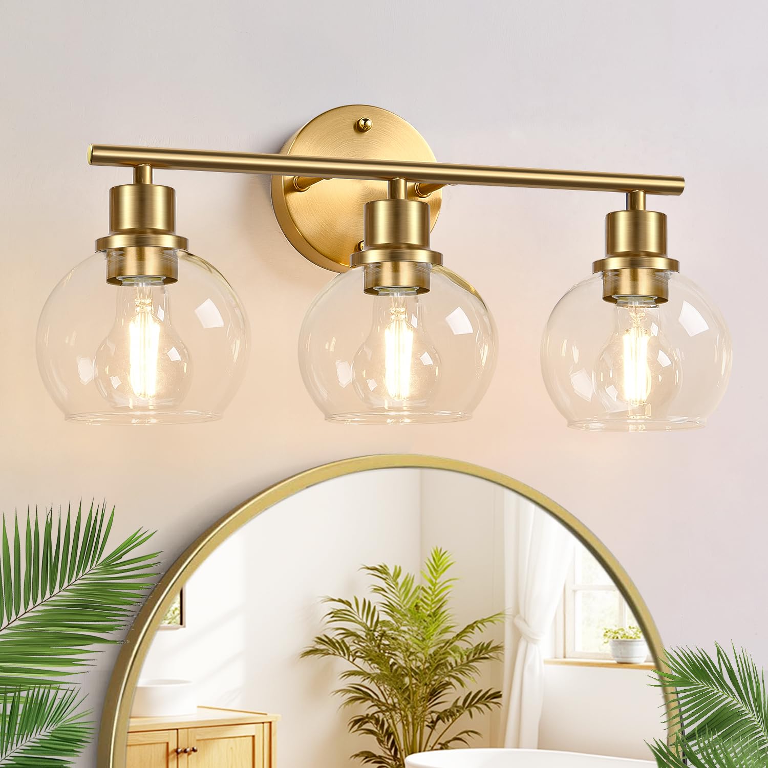 Photo 1 of 3-Light Bathroom Light Fixtures, Brushed Gold Modern Vanity Lights Over Mirror with Clear Glass Globe Shade, Bathroom Wall Sconces for Mirror Kitchen Living Room Hallway Cabinet Bedroom Porch