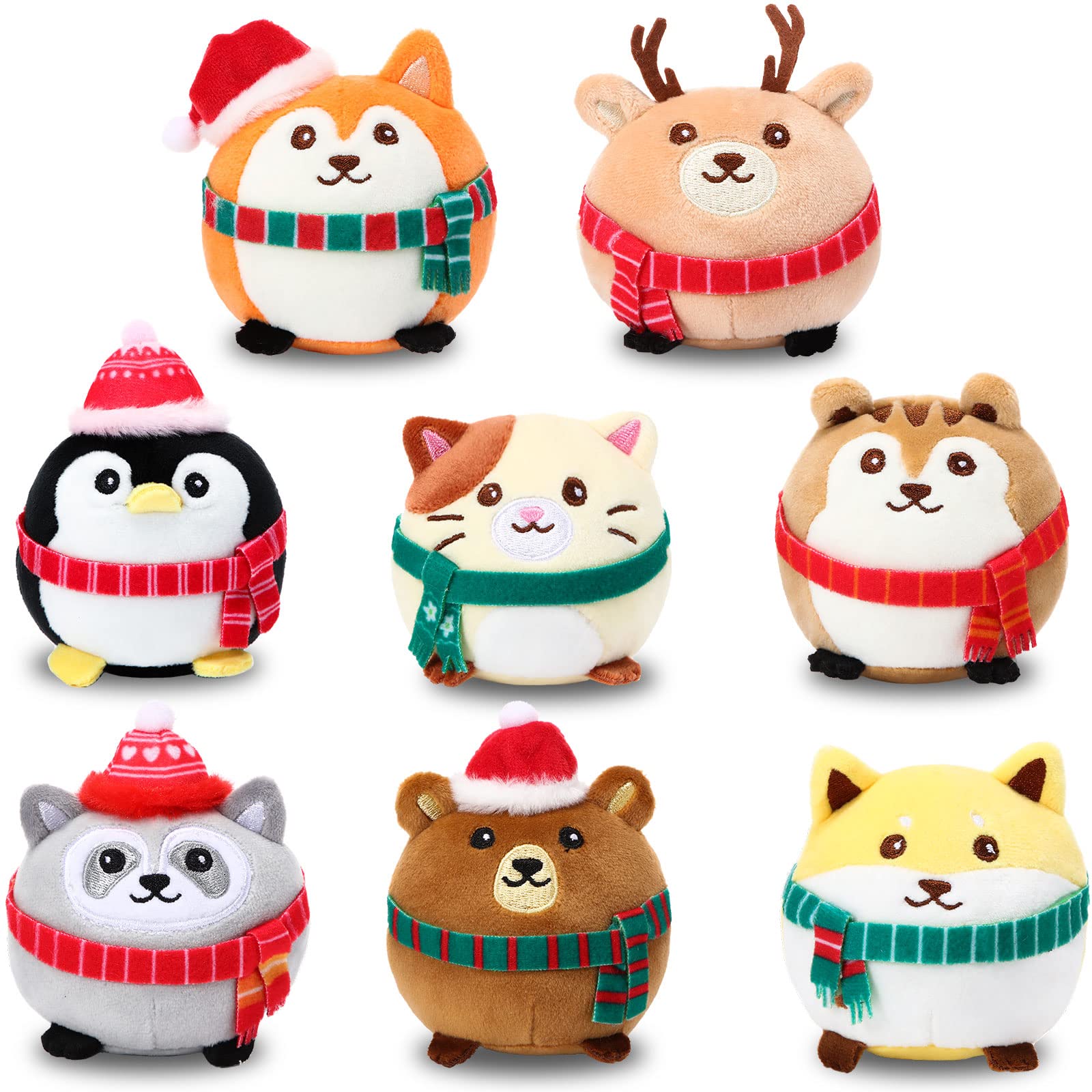 Aoriher 8 Pcs Mini Stuffed Animals 3.15 Inch Stuffed Animals Ornaments Bulk Colorful Woodland Animal Keychain for Birthday Wedding Baby Shower Party Favor(Cap and Scarf)