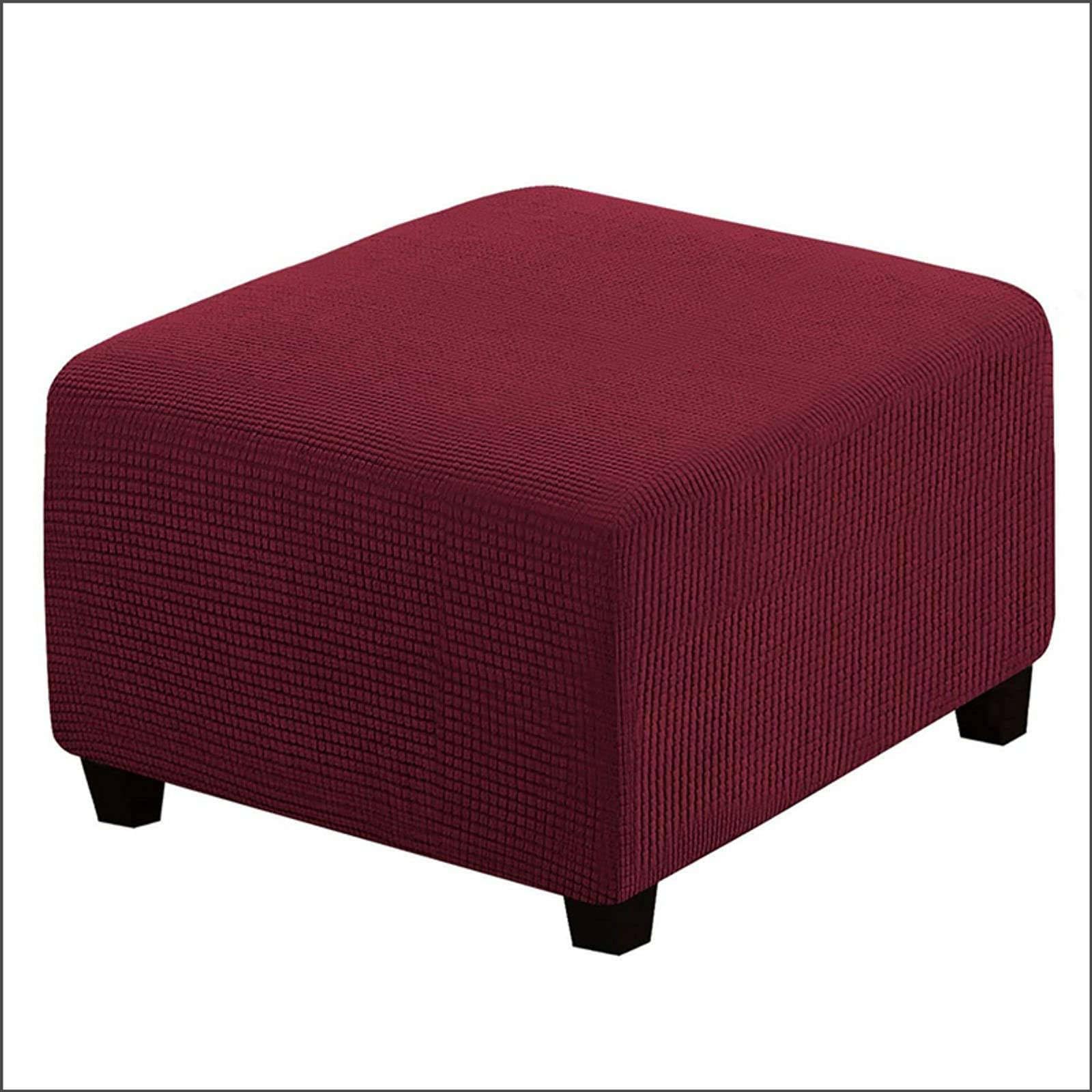 qiden Square Footstool Cover Stretch Ottoman Cover Plush, 10% Thicker Large Stretch Pouffe Cover Anti-Slip Foot Stool Jacquard Slipcovers With Elastic Bottom, Machine Washable-Red-Large