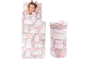 ROSSISON Nap Mat with Pillow and Blanket 100% Cotton with Microfiber Fill, Padded Sleeping Mat, for Daycare Preschool Toddler Prek Boys Girls Kids (Pink White Cat, Extra Long-56"x20")