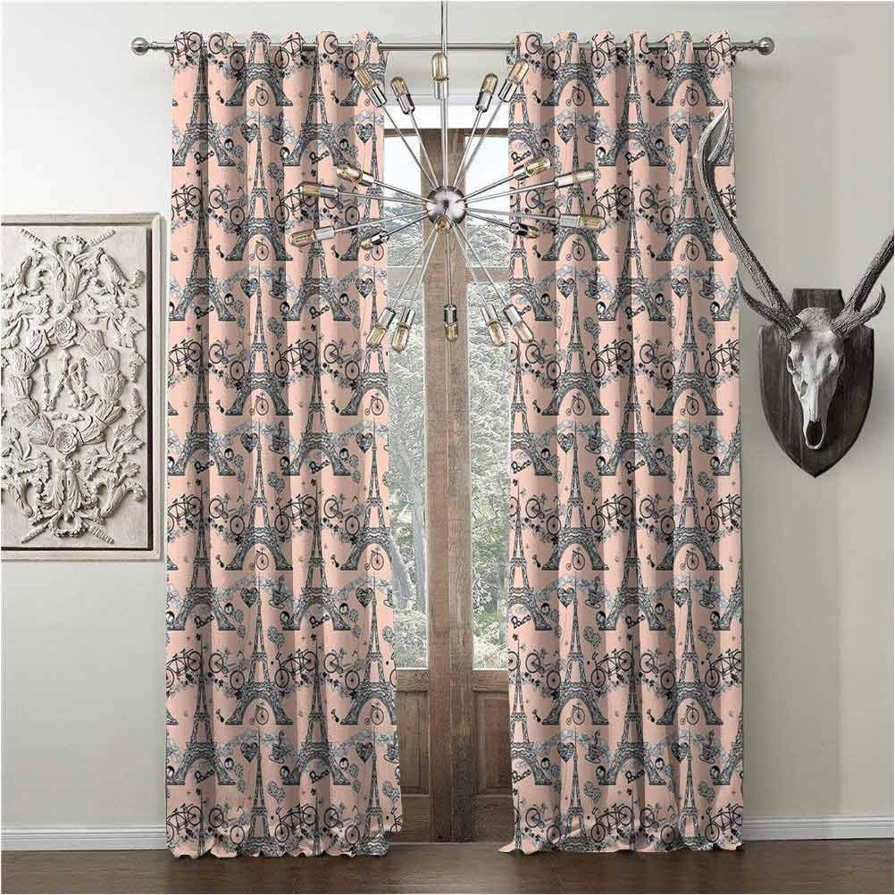 Blackout-curtians, Eiffel, Blackout Shades for Window, Retro Bicycles Coffee Heart Balloons French Landmark Artistic Swirls, black-out shades valance, Pale Salmon Black White, W120 x L96 Inch,