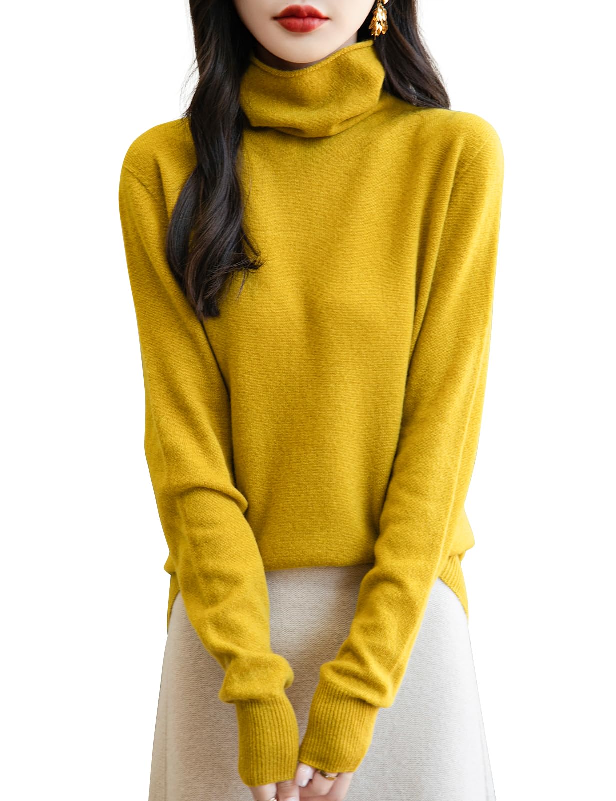 Photo 1 of Chanyarn Women's 100% Merino Wool Sweater Fall Pullover Turtleneck Long Sleeve Seamless Knit Soft Cashmere Style Winter Warm Sweater (Maple Leaf,L)