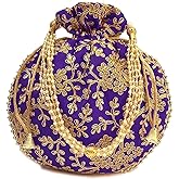 Potli Bag For Women With Intricate Gold Thread & Sequin Ethnic Designer Embroidery Work Batwa Pearls Handle