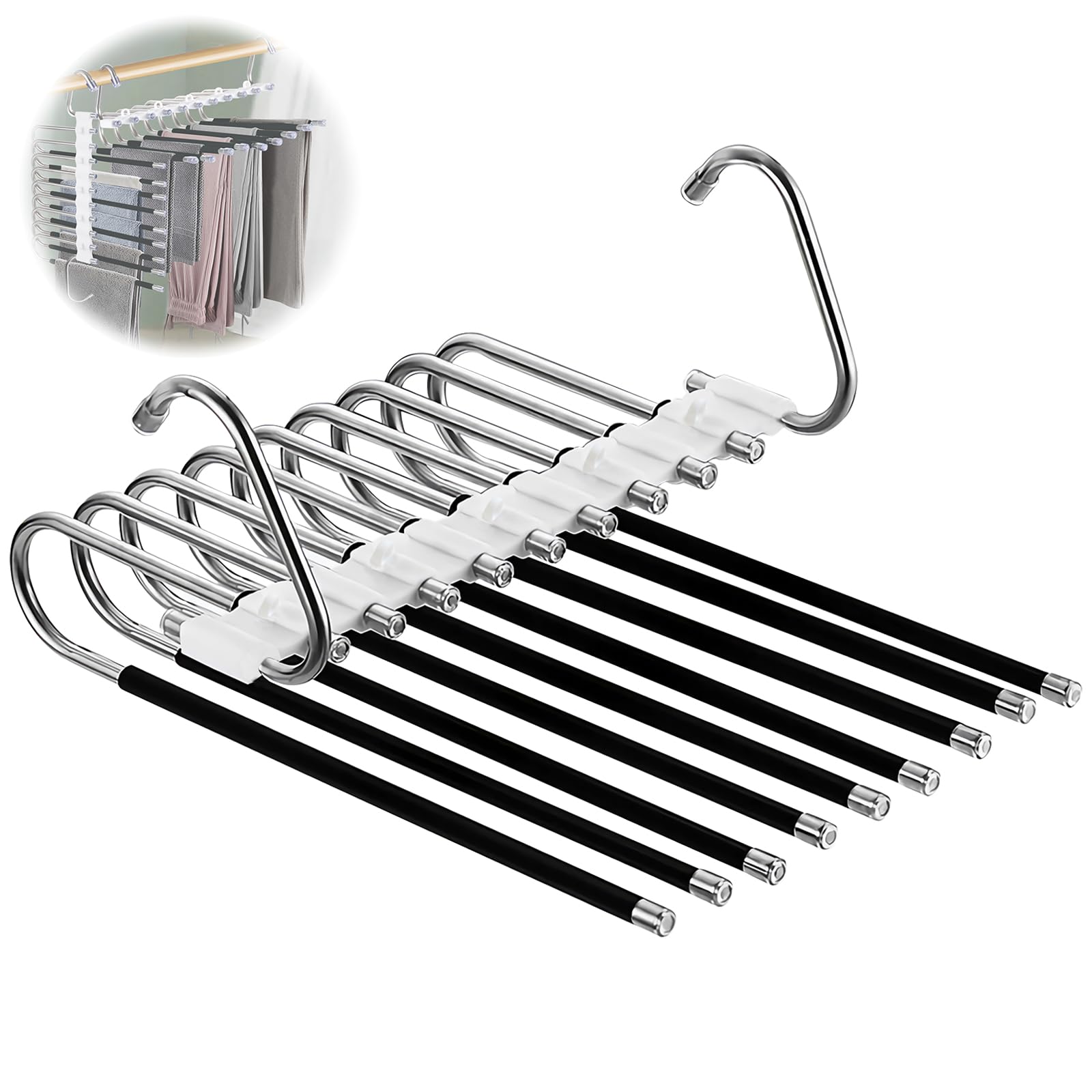 Loputon 2 Stück Hosenbügel Kleiderbügel Platzsparend aus Edelstahl rutschfest Faltbare Multifunktionaler Bügel für Hosen, Schals, Jeans, Kleidung, Handtücher (Schwarz mit 14 Kleiderbügels)