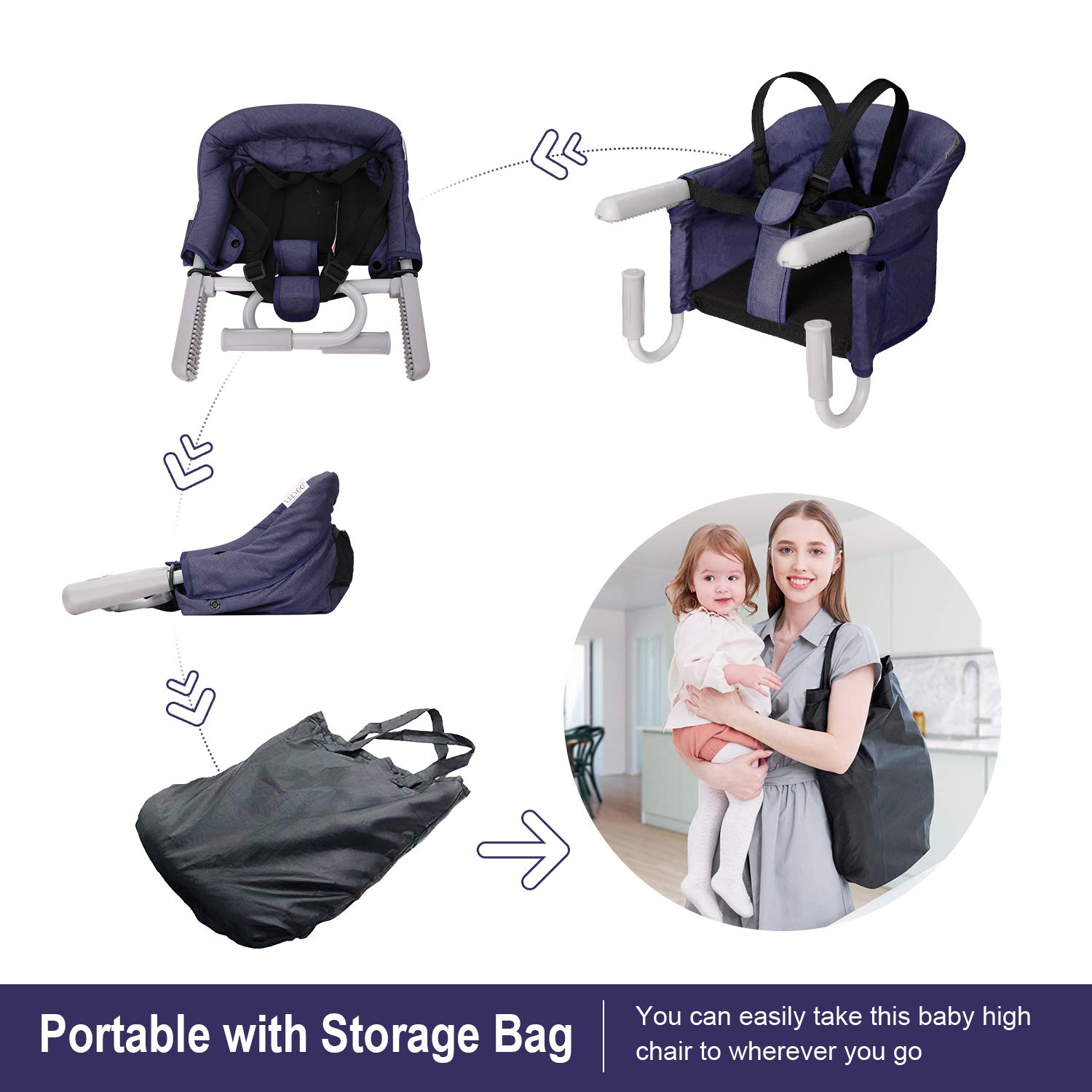 VEEYOO Hook On High Chair - Compact Fold Clip On High Chair for Baby Toddler, Portable Baby High Chairs for Travel or Restaurants (Navy) : Baby
