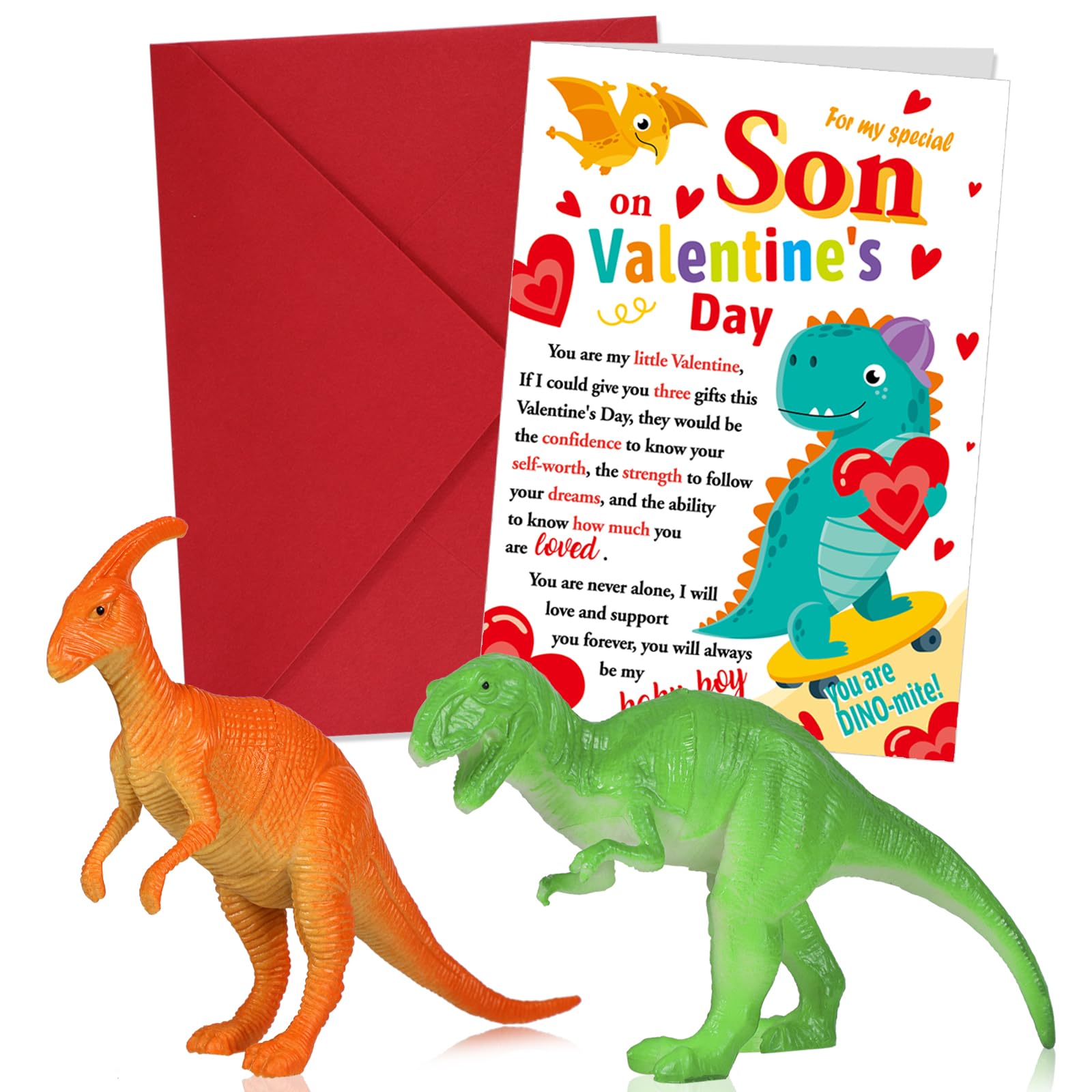 HOWAF Valentines Card for Son, Valentine's Day Card for Son Valentines Card for Son Valentines Day Card, with 2 Dinosaur Toys for Boys Dinosaur Gifts Dinosaur Valentines Gifts for Son