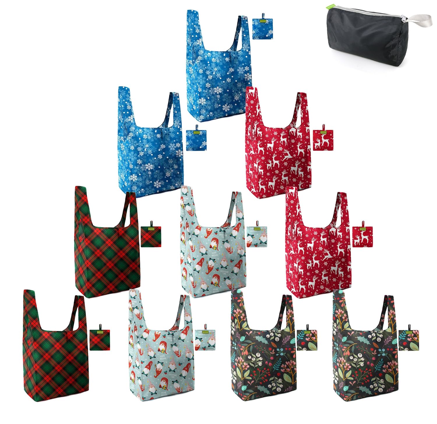 BeeGreen Christmas Reusable Grocery Bags with Zipper Storage Pouch 10 Packs Deer Reusable Shopping Bags Bulk Foldable-Machine Washable Christmas Gifts Tote Bags Image