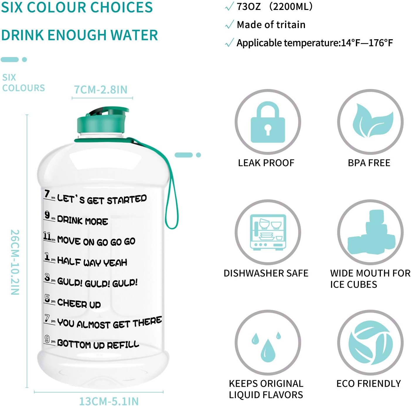 TOOFEEL Dishwasher Safe 2.2L Big Reusable Sports Water Bottle 75oz Half Gallon Water Jug with Mitivational Time Marker Container Large Capacity Canteen BPA Free Leak-Proof for Gym Fitness Athletic